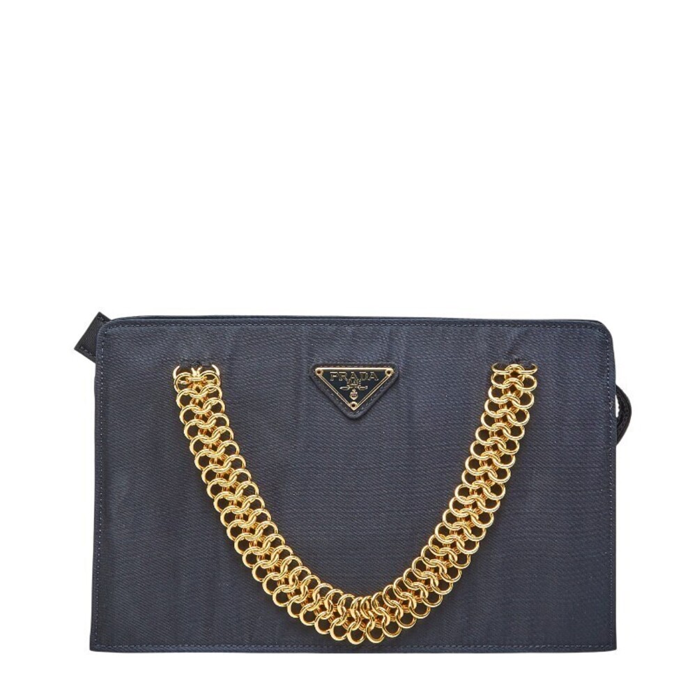Prada Triangle Plate Chain Handbag Navy Blue Tessuto